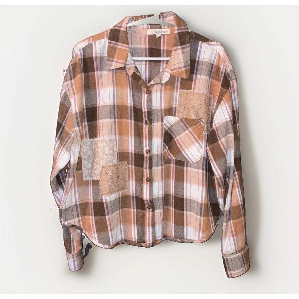 Women's L Quilt Patchwork Bohemian 100% Cotton Plaid Flannel Shirt Cottagecore